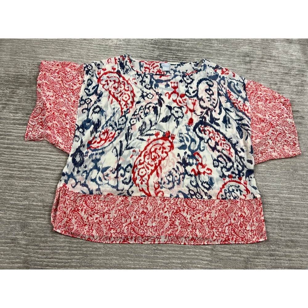Chico's Blouse Womens 3 Red White Blue Paisley Ikat Short Sleeve Relaxed Fit